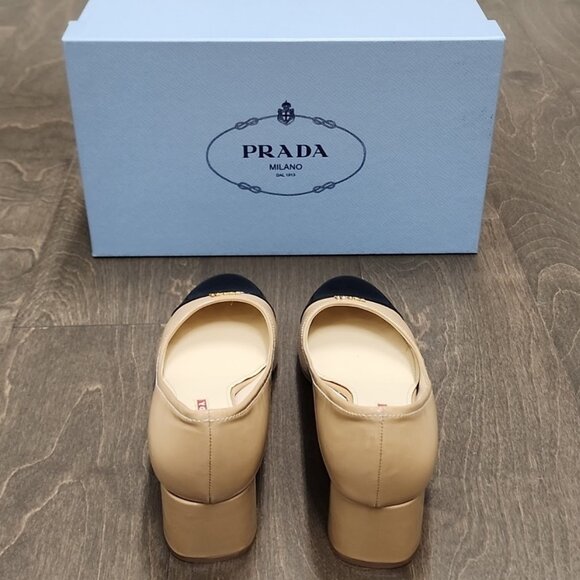 100% Authentic!! Prada Logo Black Beige Patent Block Heels Pumps - Picture 4 of 10